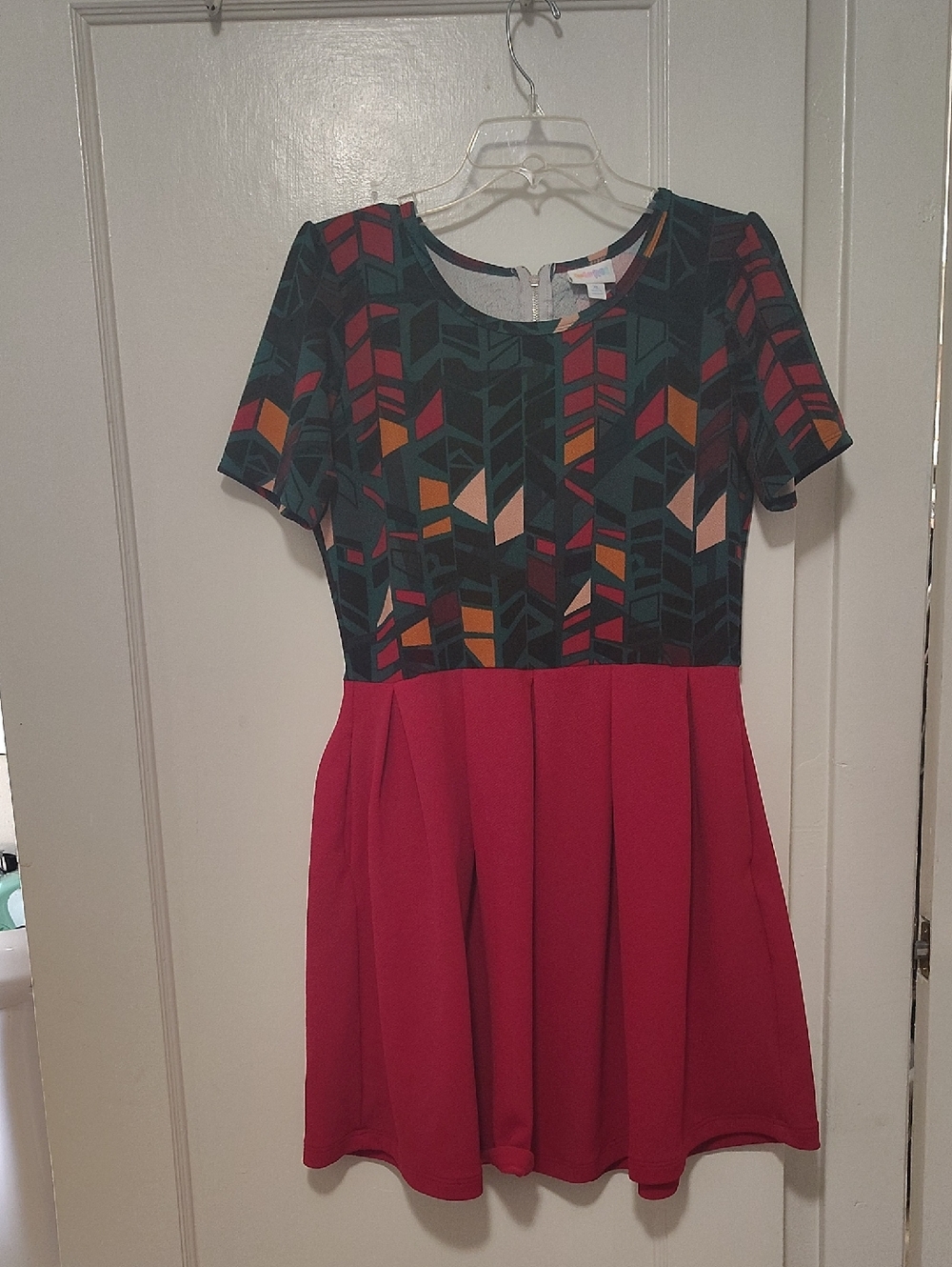 LuLaRoe Mini Dress with Geometric Teal Bodice and Red Skirt